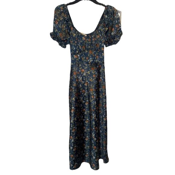 Inspired Hearts Colorful Floral Satin Milk Maid Peasant Midi Dress Sz S NEW - Picture 1 of 11